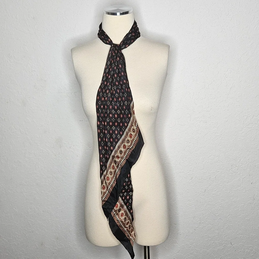 Club 7 Echo Silk Scarf Black Red Tan Geometric Medallion Print Oblong VTG